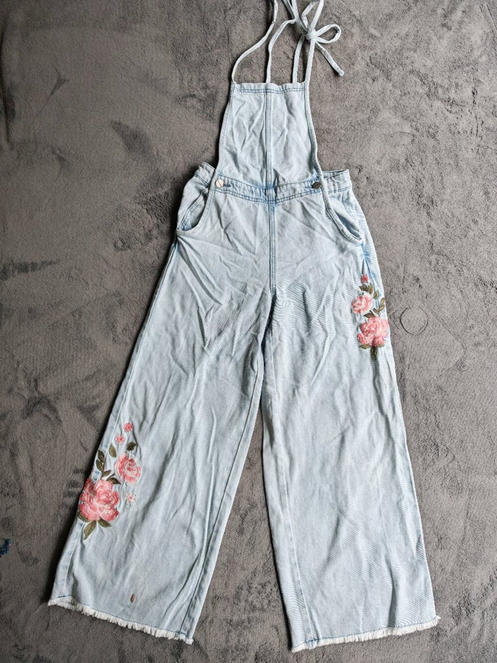 Free People x Driftwood Raphy Embroidered Denim Overalls XS Boho Wide Leg Floral - Picture 8 of 16